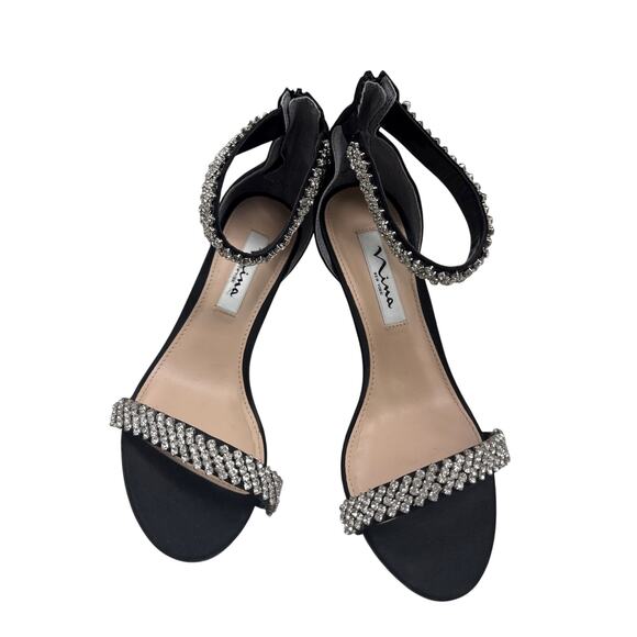 NINA BLACK LUSTER SATIN VAUNA ANKLE-STRAP 3.5” HEEL EVENING SANDAL SIZE 7W - Picture 1 of 12
